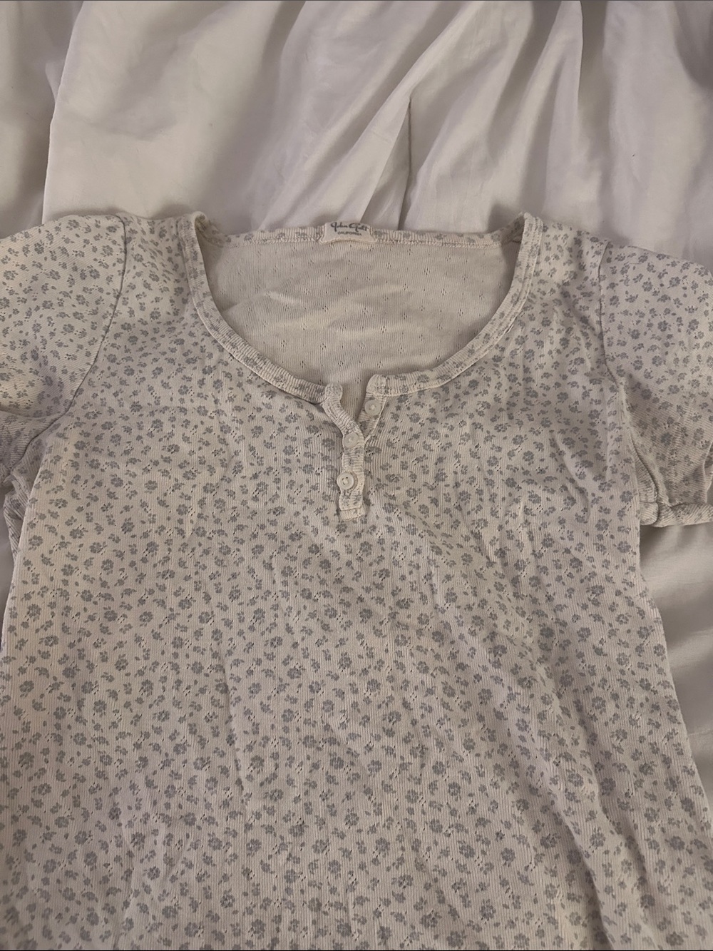 Brandy Melville Cream Short Sleeve Henley with Lavender Floral Print